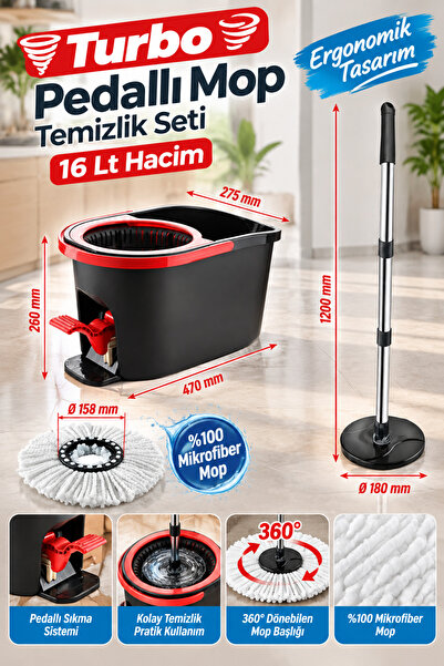 grimorlife Turbo Pedallı Mop Temizlik Seti Kova Paspas 16 lt