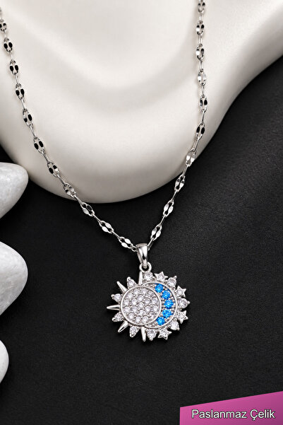 TREND COLLECTİON Kadın Paslanmaz Çelik Gümüş Zincir Güneş ve Ay Kolye