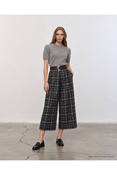QUSTYLE Kemerli Ekose Pileli Culotte Pantolon