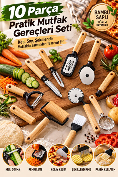 grimorlife 10 Parça Bambu Saplı Pratik Mutfak Gereçleri Hamur Sebze Şekillend...