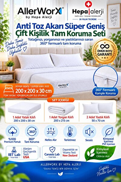 Allerworx Anti Alerjik Anti Akar Süper Geniş Çift Kişilik Tam Koruma Seti 200...