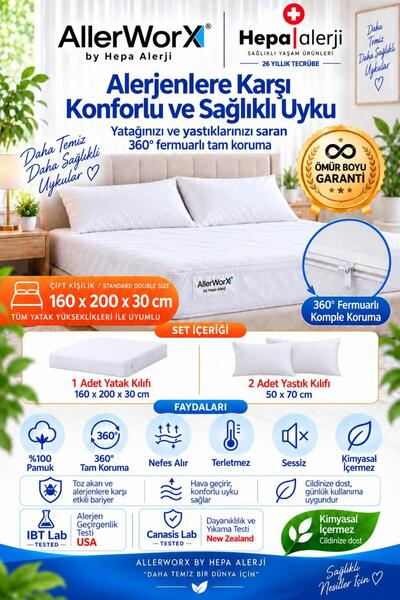 Allerworx Anti Alerjik Anti Akar Çift Kişilik Yatak ve Yastık Kılıfı Seti 160...