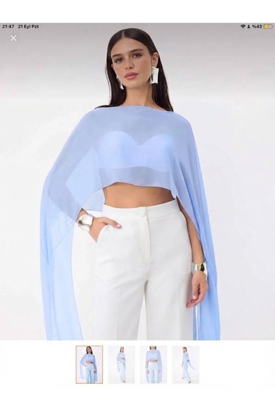 EU Tekstil Asimetrik Kesim Tül Pelerin Crop Bluz
