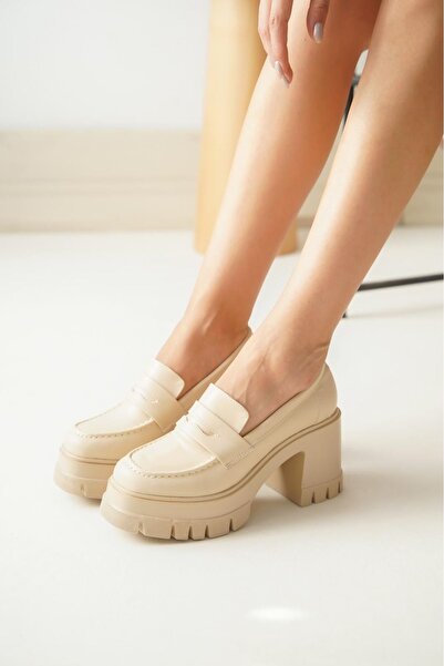 Zerenyus ZRİN-506 Premium Beige Daily Γυναικείο Loafer με ψηλό τακούνι και πλ...
