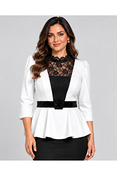 ROCMAY Plus Size, Belted, Stylish Blouse with Lace Details