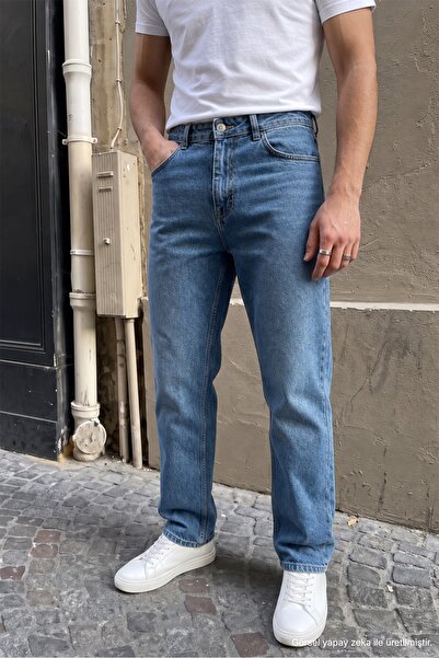Livio Ferri Erkek Mavi Basic Boyfriend Kalıp Yıkamalı Kot Pantolon Jean