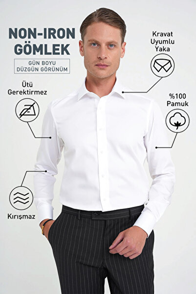 Efor Slim Fit %100 Pamuk Non Iron Kumaş Beyaz Gömlek Gk 734