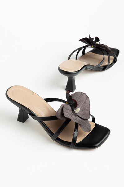Zerenyus Zri̇n-622 Premium Charcoal Orchid Detailed Thin Heeled Women's Slippers
