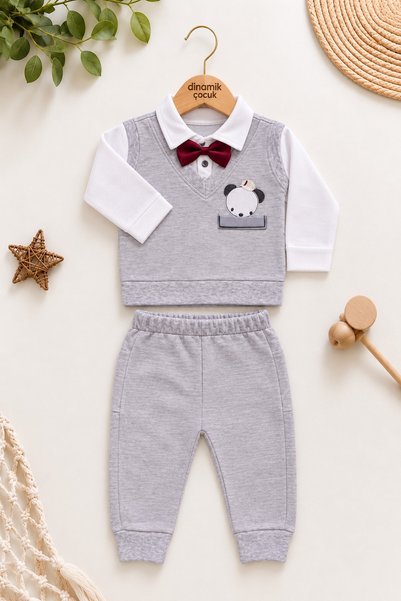dinamik çocuk Baby Boy Suede Bow Tie Teddy Bear Embroidered 2-Piece Baby Set ...