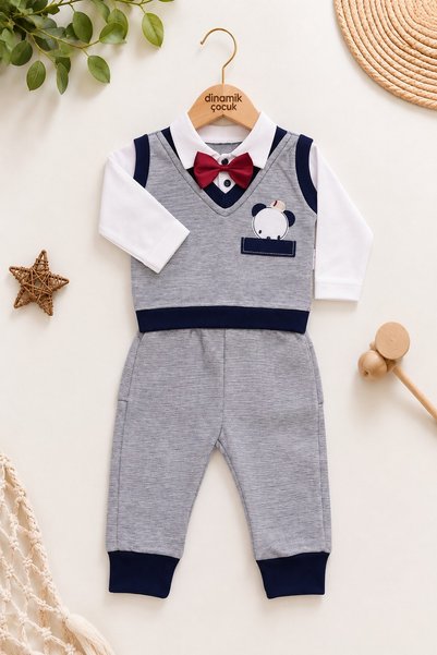 dinamik çocuk Baby Boy Suede Bow Tie Teddy Bear Embroidered 2-Piece Baby Set ...