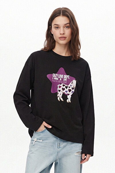 Eazy Co EAZY Unisex Oversize Uzun Kollu Tişört %100 Pamuk Siyah Love Horse Ba...