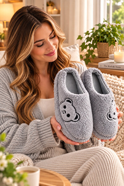 Moda Frato FLUFFY Papuci de casă pentru femei cu model ursuleț de pluș, papuc...