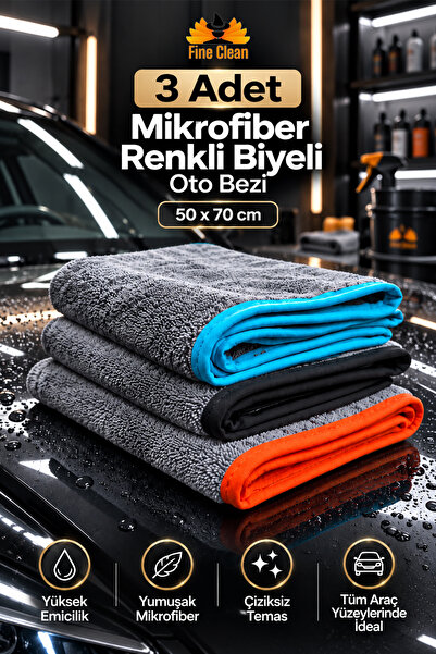 Fine Clean ( 3 Adet ) Mikrofiber Renkli Biyeli Oto ,Yıkama ,Kurulama ,Silme ,...