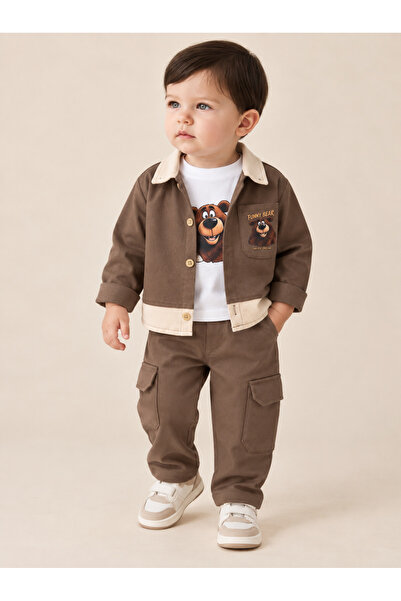 Asila Baby Ayıcık Baskılı Esnek Kumaş Body Düğmeli Gabardin Ceket ve Bermuda ...