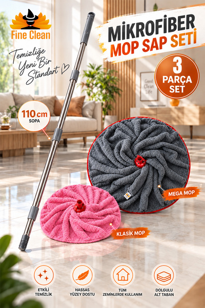 Fine Clean Mikrofiber Mop Sap Seti (1 Mega Mop , 1 Klasik Mop , 1 Sopa ) Yede...