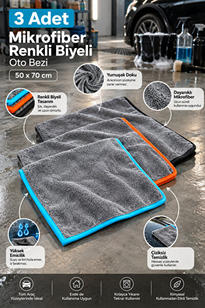 Fine Clean ( 3 Adet ) Mikrofiber Renkli Biyeli Oto ,Yıkama ,Kurulama ,Silme , Temizlieme Bezi 50x70