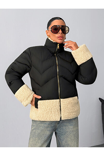 AKŞTEKSTİL Women's Black Plush Detailed Puffy Coat - Stand-Up Collar Zippered...