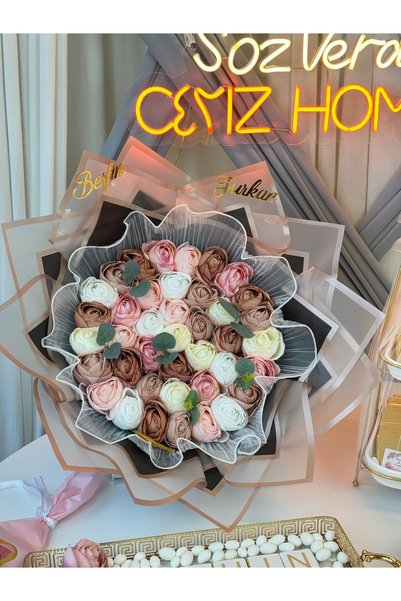 Cyz Home 41 Karışık Şakayık İsteme Çiçeği Buketi & Kişiye Özel 100 Adet Isimli Söz Nişan Kız Isteme Çikolatas