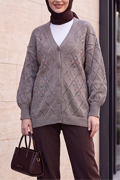 Modamorfo Lace-Like Knit Floral Embroidered Buttoned Knitwear Cardigan - Earthy