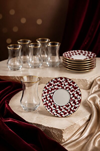 Melinova Modern 6 Kişilik Geometrik Desenli Çay Seti 12 Parça Gold Detaylı