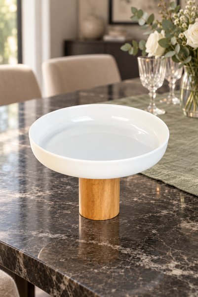 MAY HOME Ahşap Ayaklı Porselen Sunum Kasesi & Meyve Salata Meze Servisliği 26 CM