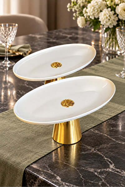 MAY HOME 2'Li Porselen Gold Metal Ayaklı Kayık Meze Tabağı & Oval Yemek Sunum...