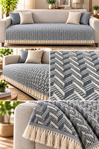 SEVMİŞ HOME %100 Pamuk Kaymaz Koltuk Örtüsü 90x200 cm Saçaklı Dokuma Koltuk Şalı