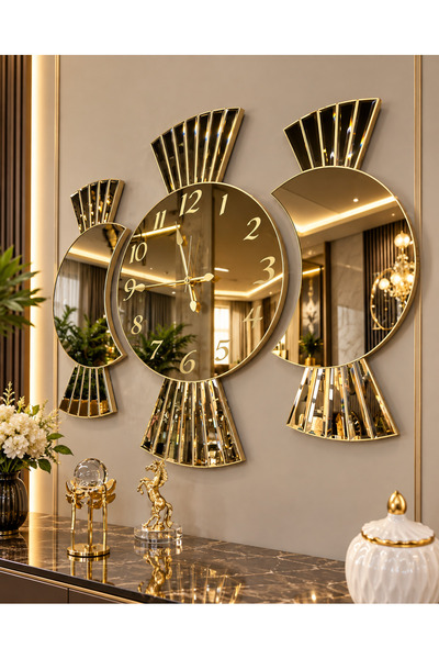 efe ayna dekor GALAKSİ X -GOLD AYNALI 3'LÜ DUVAR SAATİ SETİ