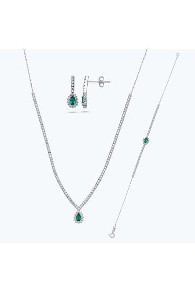 Altınbaş Yeşil Taşlı Altın Üçlü Damla Set