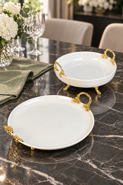 MAY HOME 2'Li Metal Ayaklı Kulplu Porselen Sunumluk & Meze Pasta Kurabiye Ser...