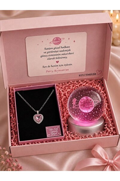 Perry Accesories 3d Satürn Kız Renk Değiştiren Kar Küresi Ve Pembe Çelik Kalp...