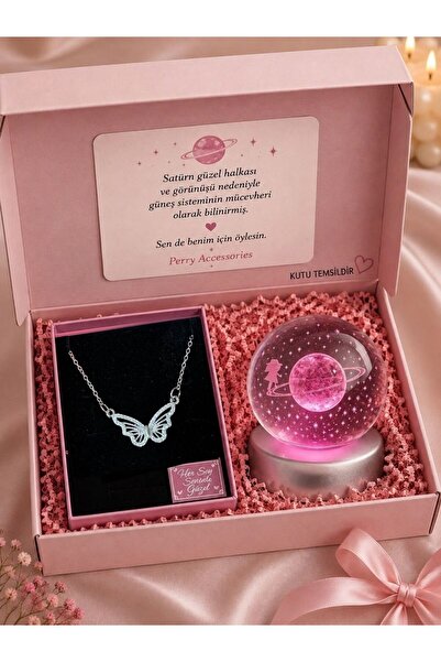 Perry Accesories çelik kararmaz KELEBEK kolye ve 3d renk değiştiren satürn kı...