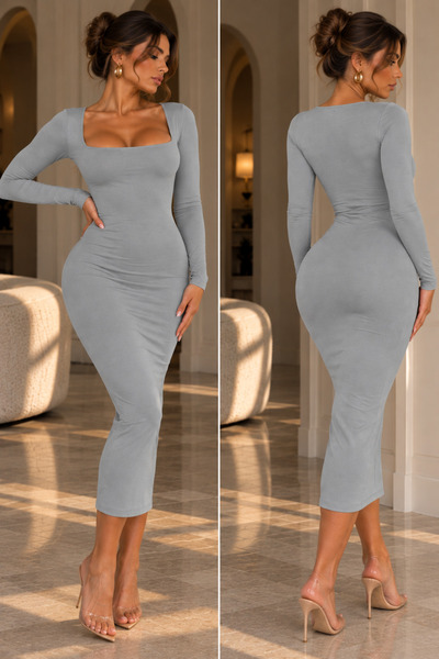 hipnoz butik kadın bilek boy uzun kollu kare yaka dar elbise
