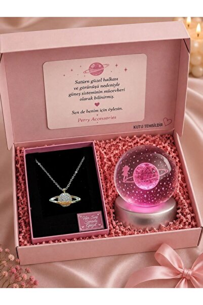 Perry Accesories Çelik Satürn Kolye Ve 3d Satürn Kız Renk Değiştiren Kar Küre...