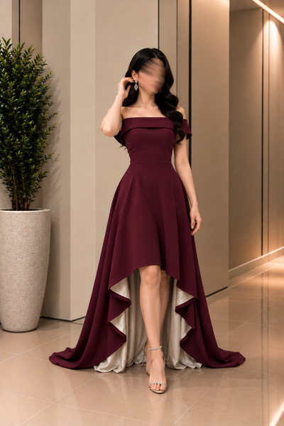 GORI FASHION فستان سهرة قصير ناعم عنابي فاخر