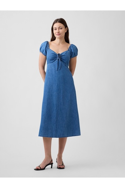 GAP Kadın Mavi Print Puff Sleeve Midi Elbise