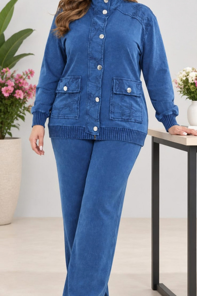 CEDY DENIM Women's Elastic Waist, Adjustable Drawstring, Wide Leg, Jacketed Tracksuit Set C7140-Blue