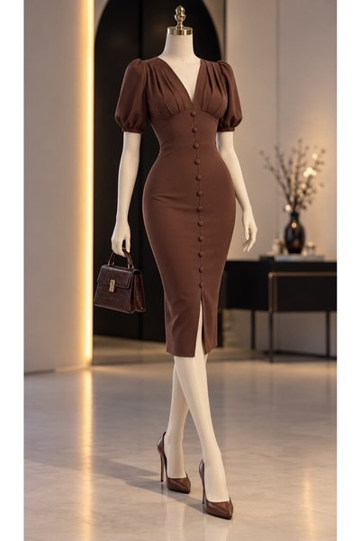 Modafeminen Scuba Krep Elbise 582901 Kahve