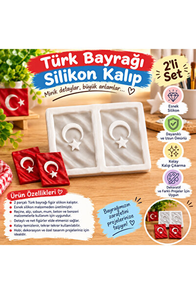 HobiCraft Market Dalgalanan Ay Yıldız Türk Bayrağı Silikon Kalıp Seti - İkili...