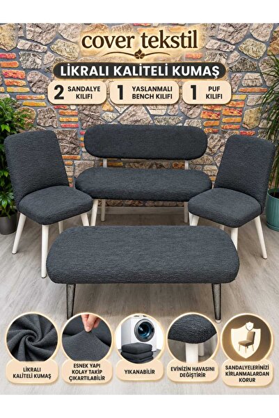 COVER TEKSTİL Püf bench takım kılıfı jakar kumaş 2 sandalye 1 Bench 1 püf