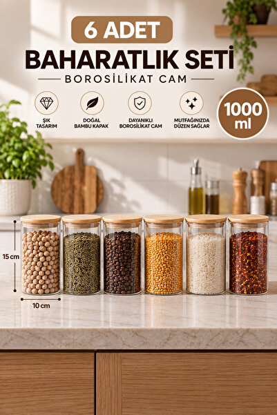 NOKKA Vakumlu Bambu Kapaklı Borosilikat Cam Kavanoz Seti - 6'lı 1000 ml Erzak...