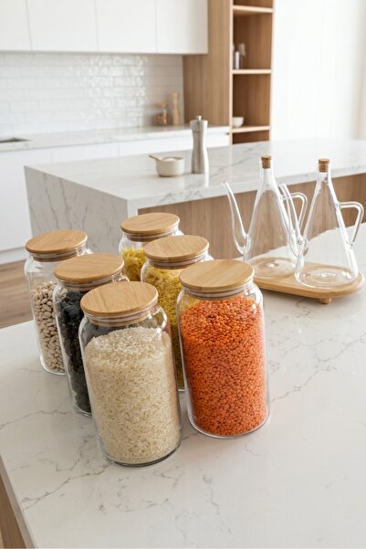 ÖZ HOME 6-Piece Vacuum Glass Storage/Organization Jars with Bamboo Lids 1130 ml
