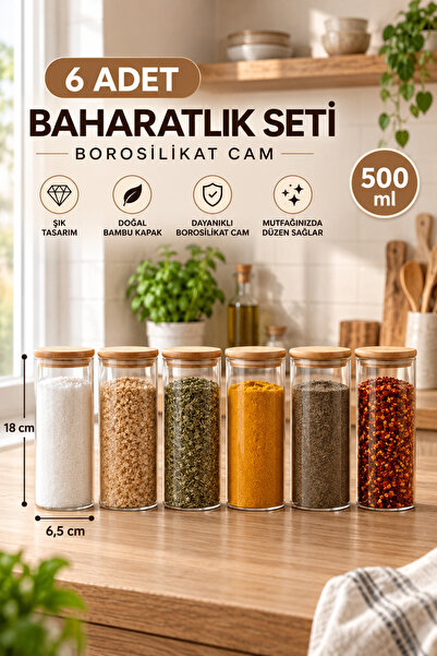 NOKKA 6'lı Bambu Vakum Kapaklı Borosilikat Cam Baharatlık Takımı-6,5x18 cm- 5...