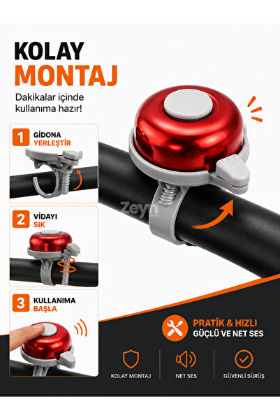 Zeyn Gross Renkli Metal Bisiklet Zili | Güçlü Uyarı Sesi | Kolay Montaj | Şeh...