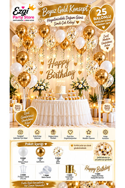Ezgi Party Store 25 Balonlu Beyaz Gold Doğum Günü Konsept Seti 2 Adet 7'li Ba...