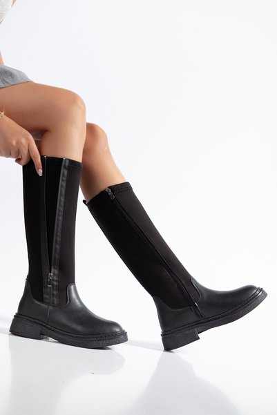 bakac store Women's Black Diving Fabric Expandable Zipper Detailed Boots