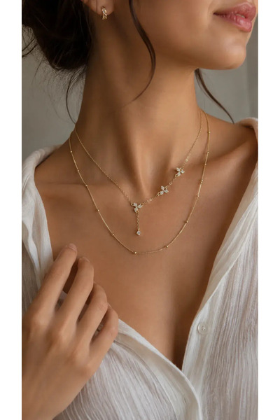 Yonida Jewelry Çelik Kolye 14K Altın Renginde Zirkon Taşlı Minimal Çiçek Tasa...