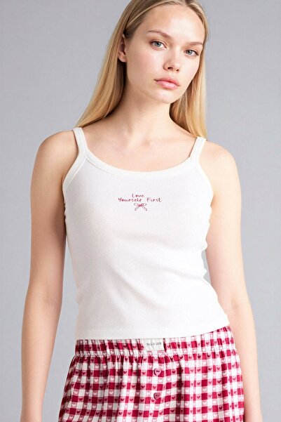 DeFacto Cotton U-Neck Embroidered Ribbed Light Pink Undershirt G3456Ax26Sp