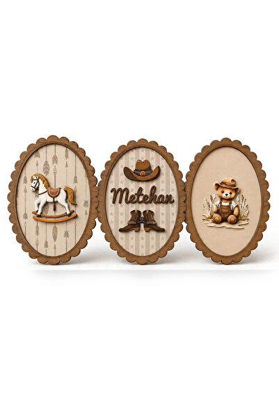 Kişiye Özel İsimli Kovboy Temalı 3'lü Ahşap MDF Bebek Çocuk Odası Duvar Tablosu Seti (20x25 cm)