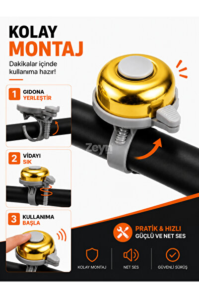Zeyn Gross Renkli Metal Bisiklet Zili | Güçlü Uyarı Sesi | Kolay Montaj | Şeh...